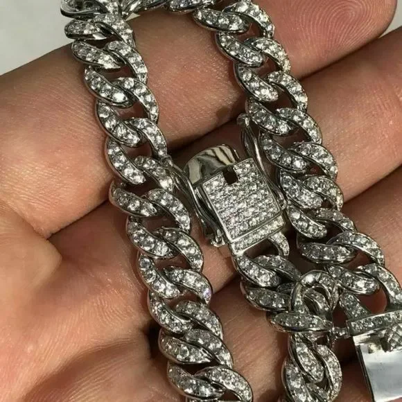 New Iced Out Miami Cuban Chain Solid 925 White - Picture 3 of 5